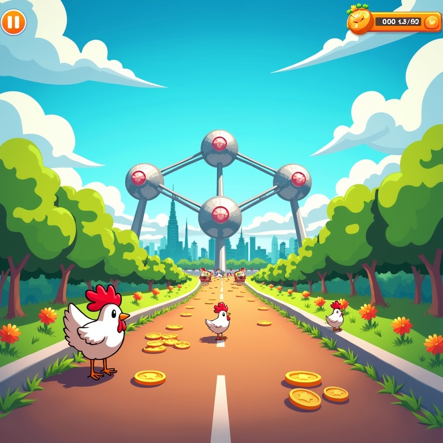 ChickenRoad gameplay screenshot showing colorful chickens navigating traffic
